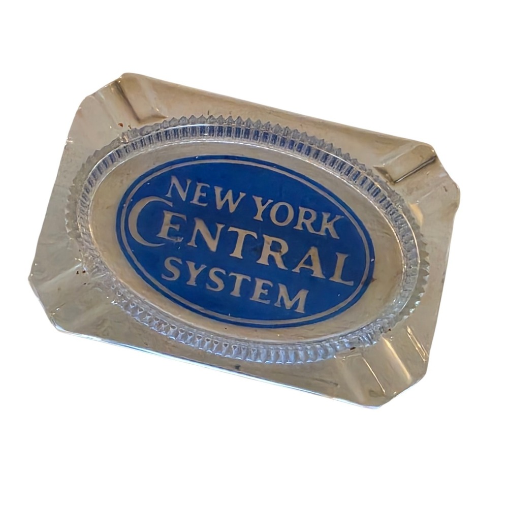 New York Central System Rail Road Glass Ash Tray Blue And Clear